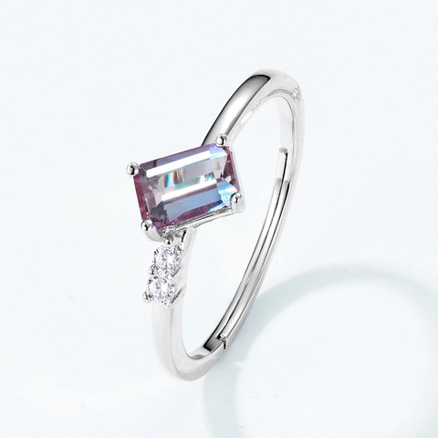 Bague Ouverte en Argent Sterling S925 avec Alexandrite de Laboratoire Changement de Couleur Gemme Rectangle Ajustable