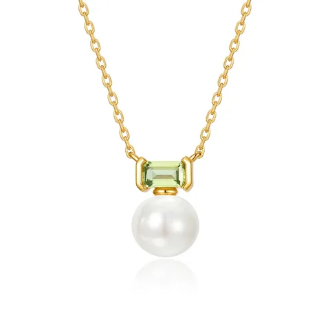 925 Sterling Silver Freshwater Pearl Necklace Gold Plated Rectangle Green Rhinestone Pendant Clavicle Chain Jewelry For Women