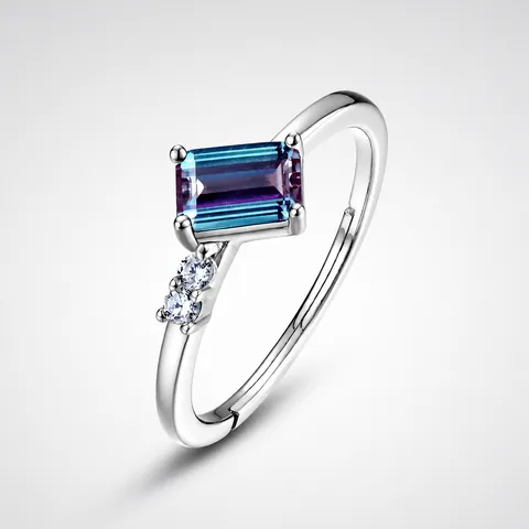 Bague Ouverte en Argent Sterling S925 avec Alexandrite de Laboratoire Changement de Couleur Gemme Rectangle Ajustable