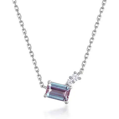 925 Sterling Silver Lab Created Alexandrite Pendant Necklace For Women Luxury Geometric Rhinestone Inlaid Chain Necklace Jewelry