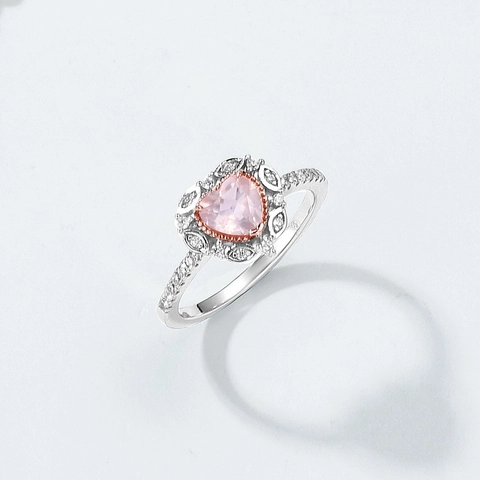 925 Sterling Silver Pink Heart Ring Natural Rose Quartz Ring With Artificial Pearl Rhinestone For Women Sweet Princess Jewelry