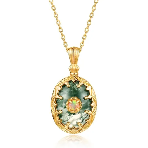 Vintage 925 Sterling Silver Green Moss Agate Pendant Necklace With Opal Inlaid 10K Gold Plated Oval Gemstone Jewelry For Women