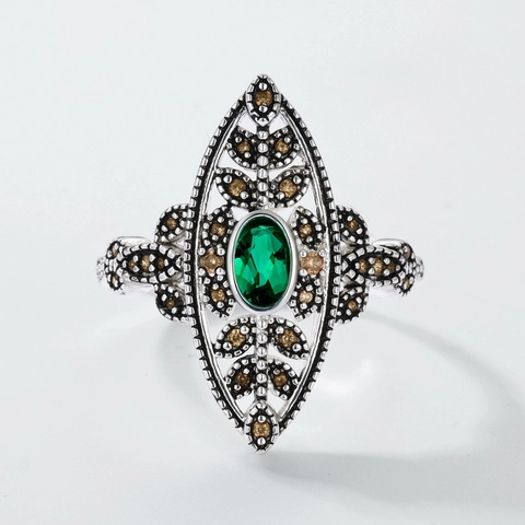 Vintage 925 Sterling Silver Leaf Ring For Women Retro Hollow Lab-grown Emerald Open Adjustable Green Gemstone Finger Ring