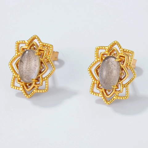 Boucles d'Oreilles Clous en Argent Sterling 925 et Labradorite pour Femme Motif Floral Ajouré Bijoux Plaqué Or Luxe