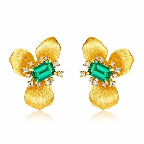 Vintage 925 Sterlingsilber Labor-Gezüchteter Smaragd Ohrstecker Gebürstet Gold Überzogen Blume Strass Ohrringe Damen Schmuck
