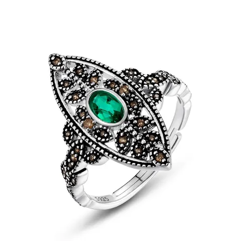 Vintage 925 Sterling Silver Leaf Ring For Women Retro Hollow Lab-grown Emerald Open Adjustable Green Gemstone Finger Ring