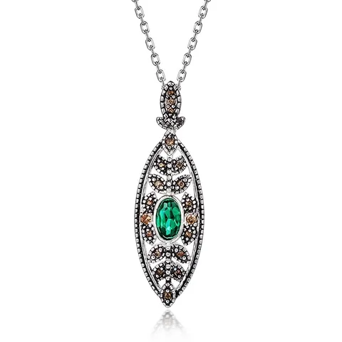 Vintage 925 Sterling Silver Lab-Grown Emerald Pendant Necklace Retro Hollow Oval Geometric Rhinestone Necklace Jewelry Gift For Women