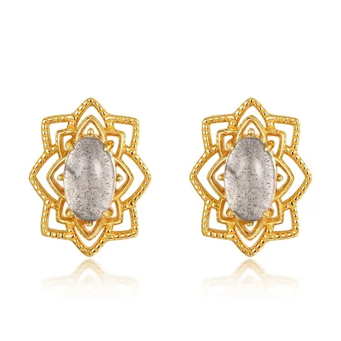 Boucles d'Oreilles Clous en Argent Sterling 925 et Labradorite pour Femme Motif Floral Ajouré Bijoux Plaqué Or Luxe