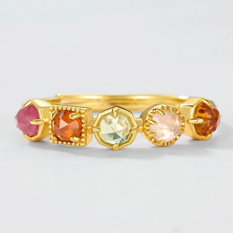 S925 Sterling Silver Natural Colorful Gemstone Geometric Open Ring Earrings Necklace Jewelry Set For Women Vintage Gold Plated Jewelry