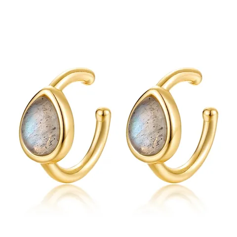 S925 Sterling Silver Geometric Ear Cuff For Women Gold Plated Teardrop Labradorite Clip On Earrings No Piercing Niche Jewelry