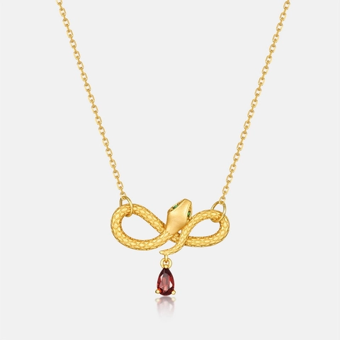 S925 Sterling Silver Infinity Snake Pendant Necklace Gold Plated Red Pear Cut Garnet Green Emerald Eyes Animal Jewelry