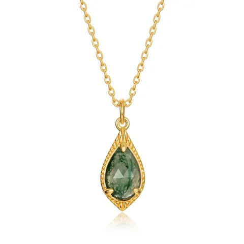 925 Sterling Silver Moss Agate Pendant Necklace Gold Plated Teardrop Natural Stone Clavicle Chain Double Sided Jewelry For Women
