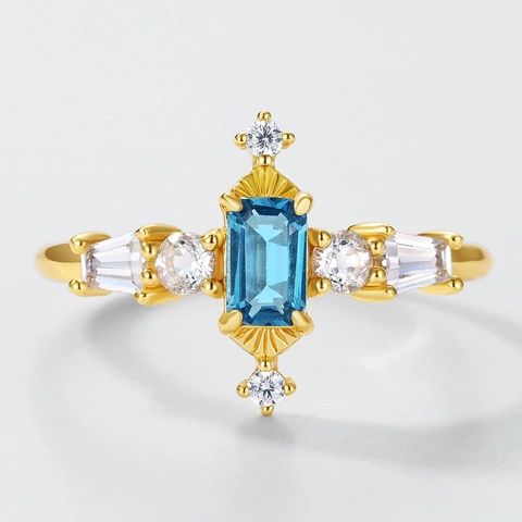 Bague Collier Boucles d'Oreilles en Argent Sterling S925 avec Topaze Bleue de Londres Rétro Femme Plqué Or Bijoux