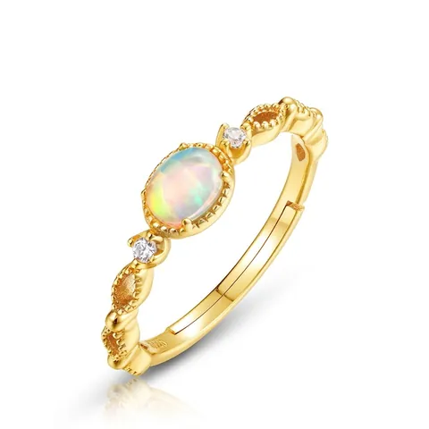 Vintage 925 Sterlingsilber Vergoldet Künstlicher Opal Ring Hohl Geometrisch Strass Verstellbarer Schmuck Für Damen