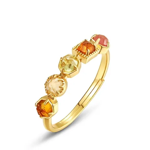 S925 Sterling Silver Natural Colorful Gemstone Geometric Open Ring Earrings Necklace Jewelry Set For Women Vintage Gold Plated Jewelry
