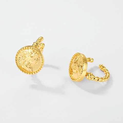 Pendientes de Clip S925 Plata de Ley Chapado en Oro 10K Relieve de Diosa Moneda Ear Cuff Vintage para Mujer Joyería