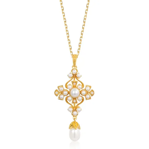 Vintage 925 Sterling Silver Cross Artificial Pearl Pendant Necklace Gold Plated Hollow Rhinestone Jewelry For Women Gift