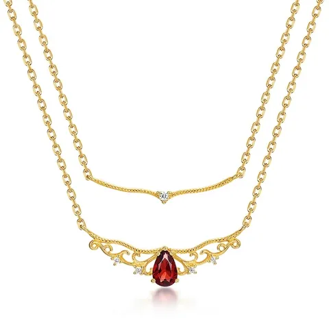 S925 Sterling Silver Natural Garnet Necklace Vintage Red Water Drop Pendant Double Layer Necklace Rhinestone Women Jewelry
