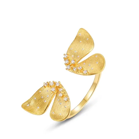 Anello Aperto a Farfalla in Argento Sterling 925 Placcato Oro Texture Spazzolata Zirconia Regolabile Gioiello da Donna