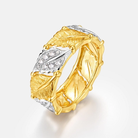 Vintage Italian Brushed Texture Maple Leaf Ring 925 Sterling Silver Two-Tone Gold Plated Zirconia Adjustable Finger Ring