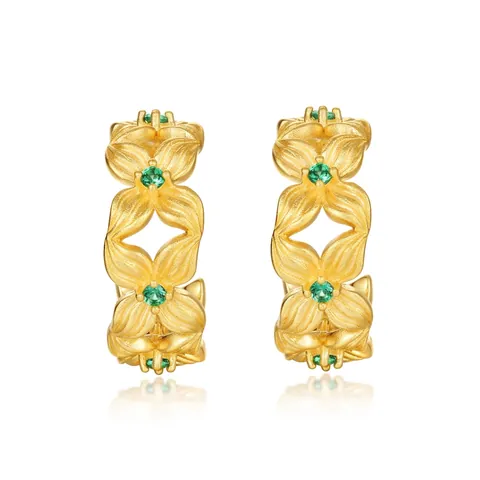S925 Sterling Silver Flower Petal Stud Earrings For Women Gold Plated Sandblasted Retro Green Zirconia Four Leaf Clover Earrings