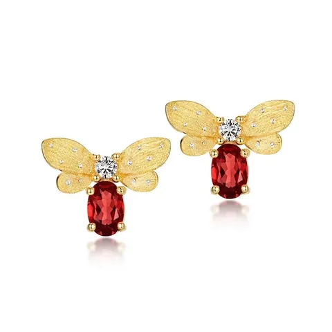 925 Sterlingsilber Biene Ohrstecker 10K Vergoldet Gebürstet Texturiert Granat Strass Eingelegt Mode Schmuck Für Damen