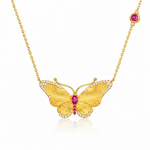 S925 Sterling Silver Gold Plated Butterfly Pendant Necklace Red Synthetic Ruby Brushed Texture Rhinestone Inlaid Jewelry For Women