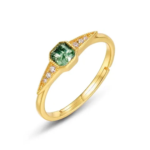 925 Sterlingsilber Moosachat Ring Vintage Palast-Stil Quadratischer Grüner Edelstein Gold Vergoldet Strass Offener Verstellbarer Schmuckring Für Damen