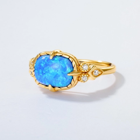 Anillo Abierto de Plata de Ley 925 con Ópalo Azul Sintético Vintage para Mujer Elegantes Diamantes de Imitación Incrustados Joyería Ajustable de Estilo Corte