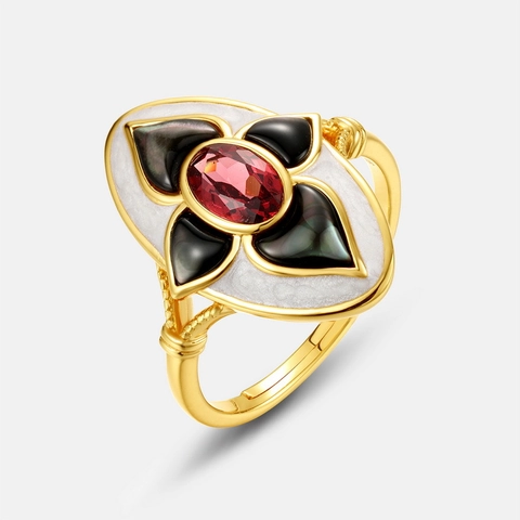 Anello a Fiore in Argento Sterling 925 con Granato per Donna Conchiglia Nera Smalto Intarsiato Regolabile Gioielli Placcati in Oro