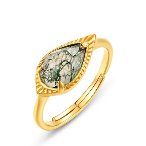Anello in Argento Sterling 925 con Agata Muschiata Vintage a Goccia d'Acqua Aperto Regolabile per Donna Gioielli in Pietra Verde Naturale Placcato Oro