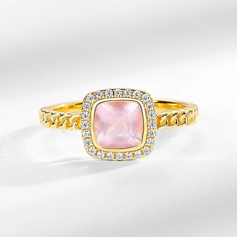925 Sterling Silver Natural Pink Quartz Ring Square Cushion Cut Gemstone Zirconia Halo Chain Band Fashion Jewelry For Women