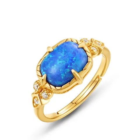 Anillo Abierto de Plata de Ley 925 con Ópalo Azul Sintético Vintage para Mujer Elegantes Diamantes de Imitación Incrustados Joyería Ajustable de Estilo Corte