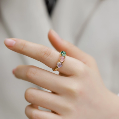 S925 Sterling Silver Three Stone Ring Natural Moss Agate Strawberry Quartz Labradorite Gold Plated Rings Women Jewelry