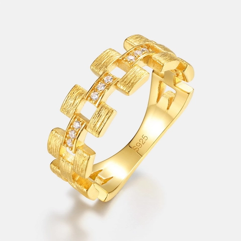 Minimalistisches Geometrisches Quadrat 925 Sterlingsilber Ring Für Damen Vintage Webmuster Gebürstet Strass Eingelegt Goldener Ring