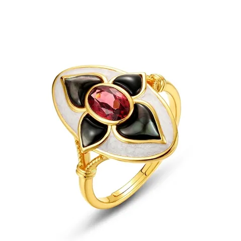 Anello a Fiore in Argento Sterling 925 con Granato per Donna Conchiglia Nera Smalto Intarsiato Regolabile Gioielli Placcati in Oro