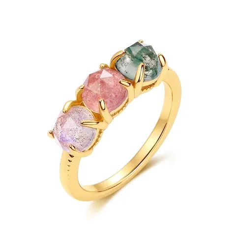 S925 Sterling Silver Three Stone Ring Natural Moss Agate Strawberry Quartz Labradorite Gold Plated Rings Women Jewelry