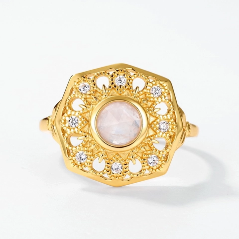 Anello Aperto a Girasole in Argento Sterling 925 Placcato Oro Vintage Con Pietra di Luna Strass Gioielli Floreali per Donna