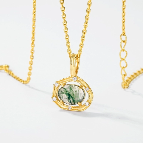 925 Sterlingsilber Moosachat Anhänger Halskette Für Damen Vintage Japanischer Stil Vergoldet Strass Schmuck Zubehör Geschenk