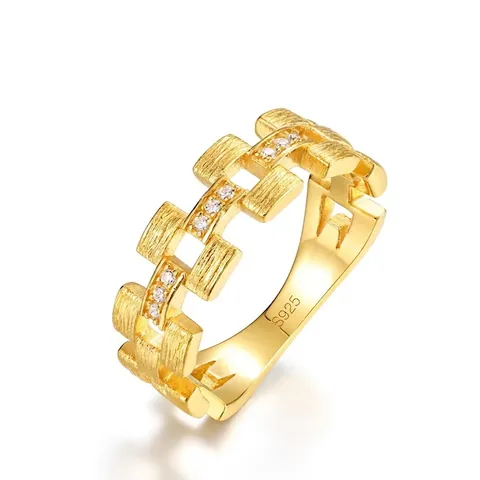 Minimalistisches Geometrisches Quadrat 925 Sterlingsilber Ring Für Damen Vintage Webmuster Gebürstet Strass Eingelegt Goldener Ring