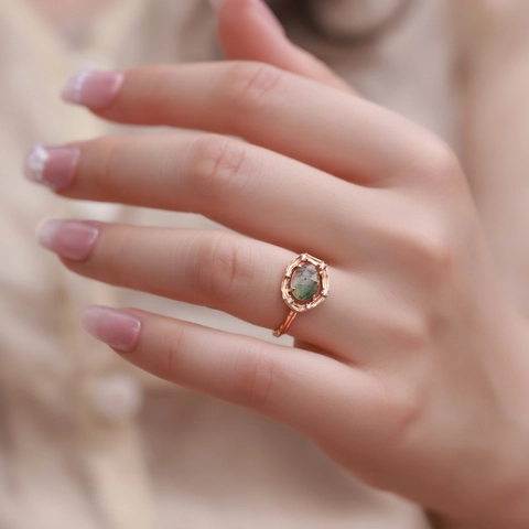 Vintage 925 Sterling Silver Moss Agate Open Ring For Women Gold Plated Oval Green Gemstone Rhinestone Adjustable Ring