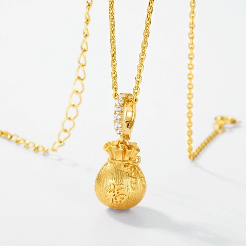 S925 Sterling Silver Lucky Bag Pendant Necklace For Women Retro Brushed Gold Plated Zirconia Inlaid Money Bag Fine Jewelry