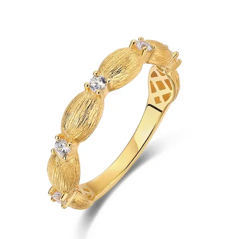 925 Sterling Silver Ring For Women Italian Hand Brushed 10K Gold Plated Zirconia Geometric Band Ring Vintage Fashion Jewelry Gift
