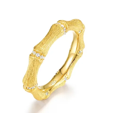 925 Sterling Silver Bamboo Ring For Women Brushed Gold Finish Rhinestone Inlaid Niche Design Finger Ring Fashion Jewelry