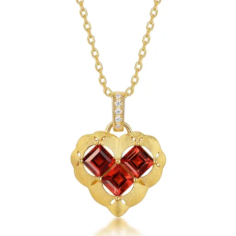 S925 Sterling Silver Heart Pendant Necklace With Red Garnet And Rhinestone Vintage Frosted Gold Plated Jewelry For Women Gift