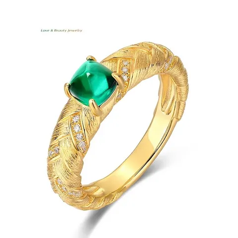 Vintage 925 Sterling Silver Lab Grown Emerald Ring Woven Texture Gold Plated Elegant Gemstone Finger Ring for Women Jewelry