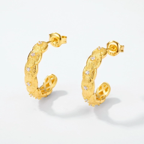 New Chinese Retro Brushed Stud Earrings 925 Sterling Silver Gold Plated Zirconia Inlaid Luxury Jewelry For Women