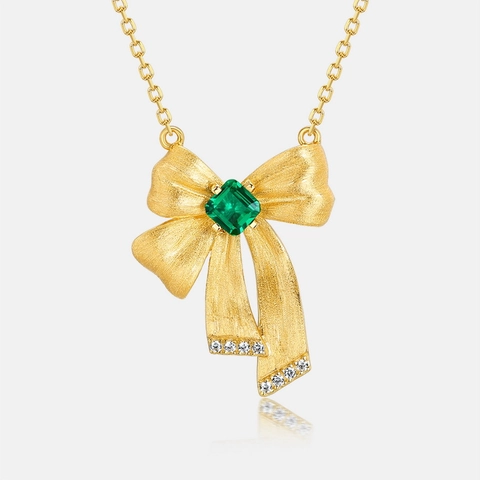 S925 Sterling Silver Bowknot Pendant Necklace With Lab Created Emerald Green Stone Elegant Rhinestone Bow Jewelry For Women