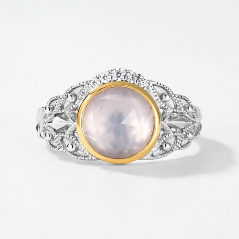 Vintage 925 Sterling Silver Natural Pink Quartz Ring Floral Engraved Inlaid Rhinestone Elegant Jewelry For Women Gift