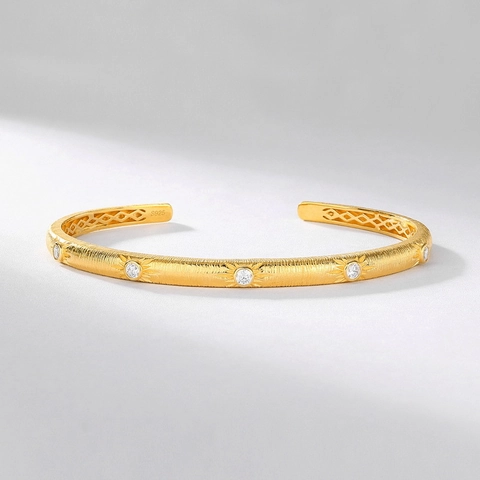Vintage 925 Sterling Silver Brushed Bangle For Women 10K Gold Plated Zirconia Inlaid Starburst Open Cuff Bangle Jewelry